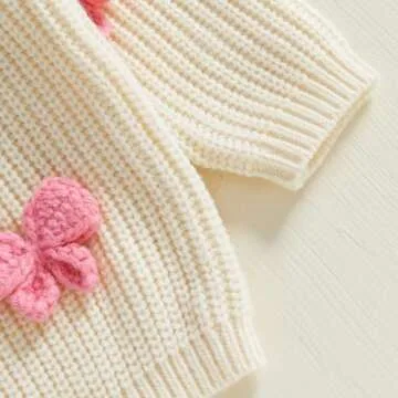Toddler Baby Girl Chunky Knit Sweater Long Sleeve Crewneck Bow Flower Knitted Pullover Tops Knitwear Spring Clothes (A-White, 2-3 Years)