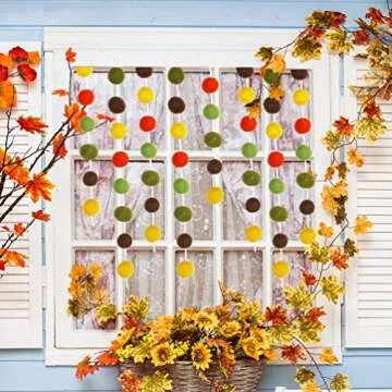 Supla 50 Pcs 8.2' Long Fall Felt Balls Fall Pom Pom Garland Harvest Felt Balls Garland Strand Orange Yellow Brown Olive Mustard Wool Ball Garland for Thanksgiving Mantel Wall Baby Room Nursery Décor