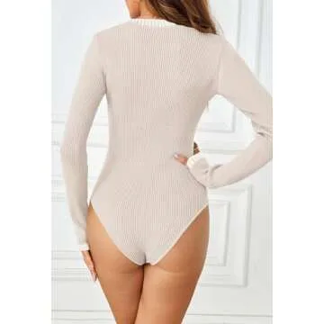 MEROKEETY Women's Long Sleeve Ribbed Knit Bodysuits Scoop Neck Slimming Fit Fall Trendy Sweater Tops, Almond, Small