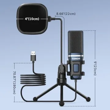 TONOR TC-777 Podcast Microphone, USB Computer Microphone, Cardioid Condenser PC Mic with Tripod Stand and Pop Filter for Podcasting, Streaming, Vocal Recording, Compatible with PC & Laptop, PS4/5