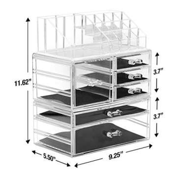 Sorbus Large Clear Makeup Organizer - Detachable 3-Piece Jewelry & Make Up Organizers and Storage Set - Spacious Cosmetic Display Tower - Makeup Organizer for Vanity, Bathroom, Dresser & Countertop