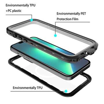 Transy iPhone 13 Magnetic Case - Waterproof Shockproof Compatible with Magsafe Mag Safe Magnet iPhone 13 Waterproof Case Support Wireless Charging with Built in Screen Protector (Clear)