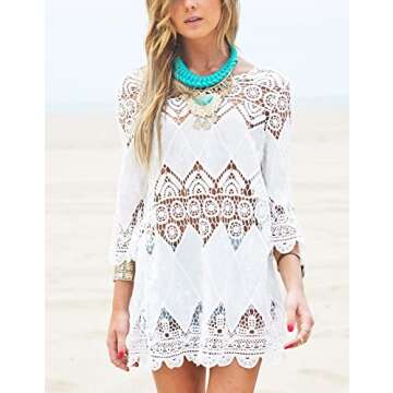 Women's Bathing Suit Cover Up Lace Crochet Tunic Bikini Beach Dress (M, White)