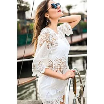 Women's Bathing Suit Cover Up Lace Crochet Tunic Bikini Beach Dress (M, White)