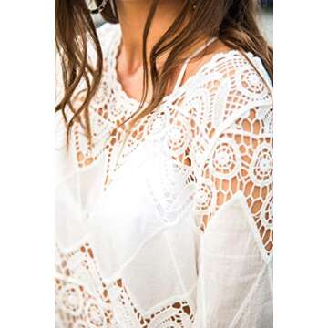Women's Bathing Suit Cover Up Lace Crochet Tunic Bikini Beach Dress (M, White)