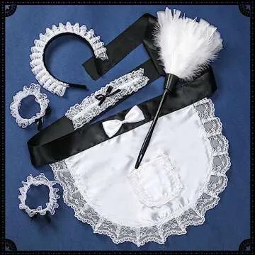 Panitay 5 Pcs Halloween French Maid Cleaning Lady Costume Accessories Set Lace Hair Hoop Feather Duster Ruffled Maid Apron for Maid Dress up Cosplay Headband Outfit, White and Black