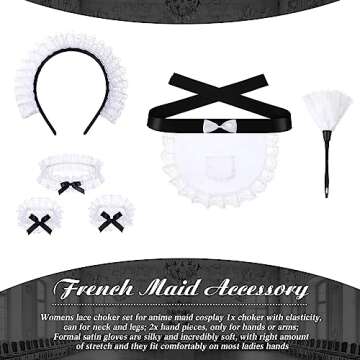 Panitay 5 Pcs Halloween French Maid Cleaning Lady Costume Accessories Set Lace Hair Hoop Feather Duster Ruffled Maid Apron for Maid Dress up Cosplay Headband Outfit, White and Black