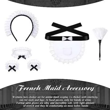 Panitay 5 Pcs Halloween French Maid Cleaning Lady Costume Accessories Set Lace Hair Hoop Feather Duster Ruffled Maid Apron for Maid Dress up Cosplay Headband Outfit, White and Black