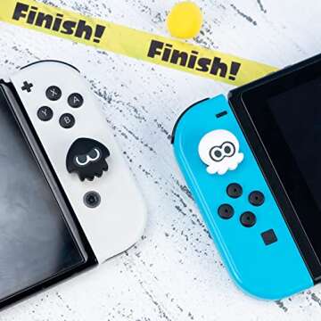 WISHAVEN Joycon Thumb Grip Caps Compatible with Splatoon Nintendo Switch, Soft Silicone Joystick Cover for Nintendo Switch/OLED/Lite Controller, 4PCS - Squid & Octopus (Black & White)