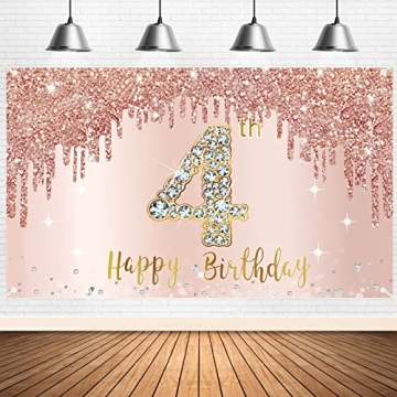 Happy 4th Birthday Banner Backdrop Decorations for Girls, Rose Gold 4 Year Old Birthday Party Sign S...
