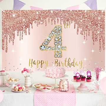 Elegant Happy 4th Birthday Banner Backdrop for Girls
