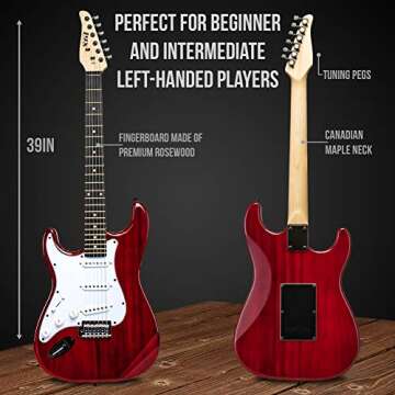 LyxPro Left Hand 39 Inch Electric Guitar and Starter Kit for Lefty Full Size Beginner’s Guitar, Amp, Six Strings, Two Picks, Shoulder Strap, Digital Clip On Tuner, Guitar Cable and Soft Case - Red