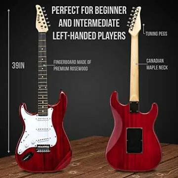 LyxPro Left Hand 39 Inch Electric Guitar and Starter Kit for Lefty Full Size Beginner’s Guitar, Amp, Six Strings, Two Picks, Shoulder Strap, Digital Clip On Tuner, Guitar Cable and Soft Case - Red