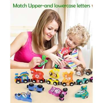 Vanmor Wooden Train Set for Toddlers - Snap-Connection Animal Trains, Magnetic Alphabet Train Learni...