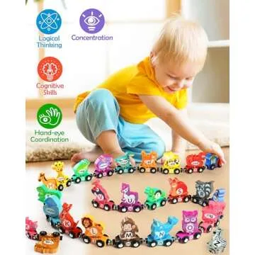 Vanmor Wooden Train Set for Toddlers - Snap-Connection Animal Trains, Magnetic Alphabet Train Learning Toys, STEM Preschool Toys, ABC and Animal Play Set for Kids Ages 3-5