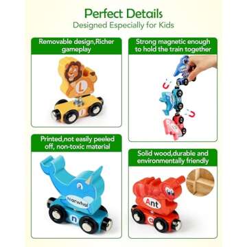Vanmor Wooden Train Set for Toddlers - Snap-Connection Animal Trains, Magnetic Alphabet Train Learning Toys, STEM Preschool Toys, ABC and Animal Play Set for Kids Ages 3-5