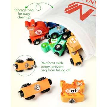 Vanmor Wooden Train Set for Toddlers - Snap-Connection Animal Trains, Magnetic Alphabet Train Learning Toys, STEM Preschool Toys, ABC and Animal Play Set for Kids Ages 3-5