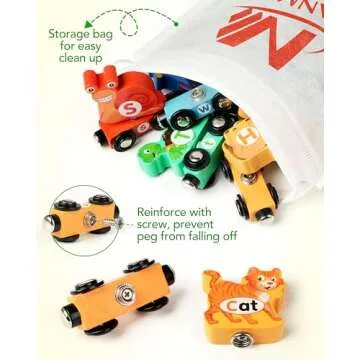 Vanmor Wooden Train Set for Toddlers - Snap-Connection Animal Trains, Magnetic Alphabet Train Learning Toys, STEM Preschool Toys, ABC and Animal Play Set for Kids Ages 3-5