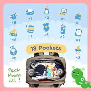 iniuniu Diaper Bag Backpack, Large Unisex Baby Bags for Boys Girls, Waterproof Travel Back Pack with Diaper Pouch, Washable Changing Pad, Pacifier Case and Stroller Straps, Khaki