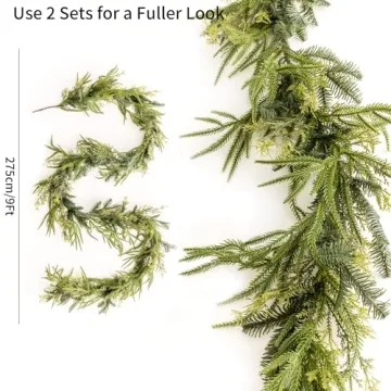 9ft Handmade Christmas Garland,Artificial Cypress Cedar Pine Needles Greenery Seasonal Garland for Christmas TV Cabinet Winter Holiday Indoor Outdoor Decoration