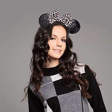 JIAHANG Cheetah Bow Mouse Ears Headband, Leopard Print Sequins Hair Band, Party Decoration Headpiece Costume Accessories for Women Girls