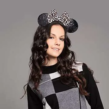 JIAHANG Cheetah Bow Mouse Ears Headband, Leopard Print Sequins Hair Band, Party Decoration Headpiece Costume Accessories for Women Girls