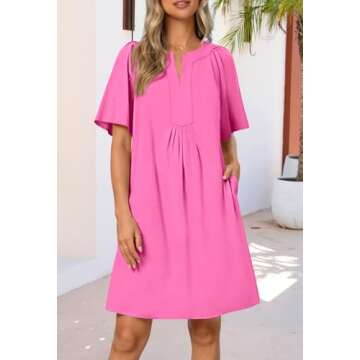 MEROKEETY Women's Summer Casual Shift Dresses Beach Vacation Short Sleeve V Neck Spring Mini Dress, Rose, Large