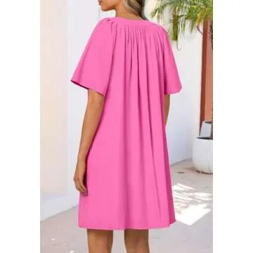 MEROKEETY Women's Summer Casual Shift Dresses Beach Vacation Short Sleeve V Neck Spring Mini Dress, Rose, Large