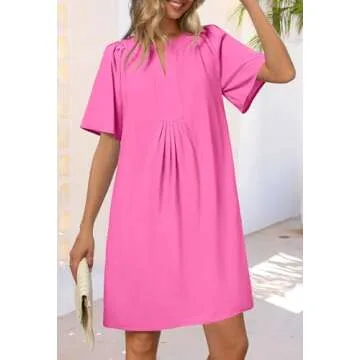 MEROKEETY Women's Summer Casual Shift Dresses Beach Vacation Short Sleeve V Neck Spring Mini Dress, Rose, Large
