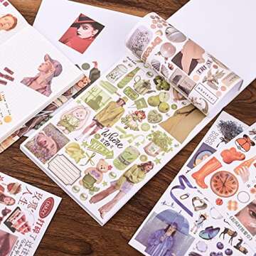 Vintage Washi Stickers for Scrapbooking, Scrapbook Stickers for Junk Journals, 50 Sheets Aesthetic Sticker Book for Journaling Supplies,Art Bullet Journals for Adults Teens Girls with 1pcs Carving