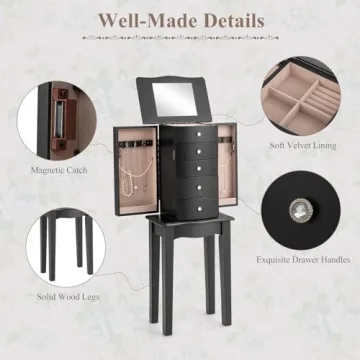 Giantex Jewelry Cabinet with Mirror 4 Drawers Black