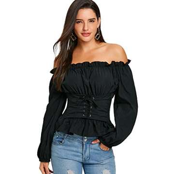 CHARMMA Off The Shoulder Long Sleeve Lace Up Smocked Blouse Top (Black, One Size)