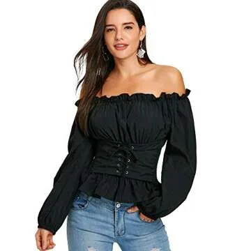 CHARMMA Off The Shoulder Long Sleeve Lace Up Smocked Blouse Top (Black, One Size)