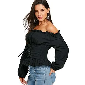 CHARMMA Off The Shoulder Long Sleeve Lace Up Smocked Blouse Top (Black, One Size)