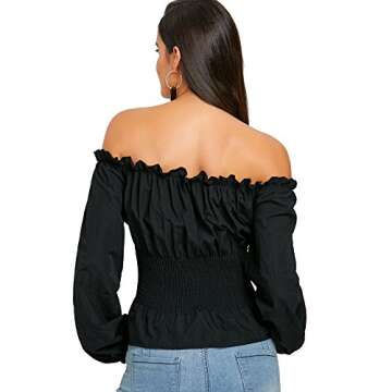 CHARMMA Off The Shoulder Long Sleeve Lace Up Smocked Blouse Top (Black, One Size)