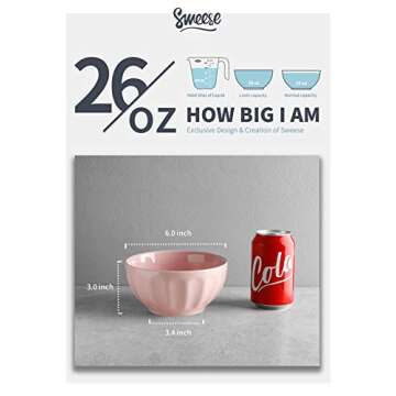 Sweese 106.408 Porcelain Fluted Bowls - 26 Ounce for Cereal, Soup and Fruit - Set of 4, Pink
