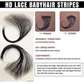 Mcclay Edges Hair Top Swiss HD Lace Baby Hair Stripes Soft Natural Baby Hair Edges for Black Women Reusable Invisible Lace Hairline Real Human Hair, Black Color 4 Pcs