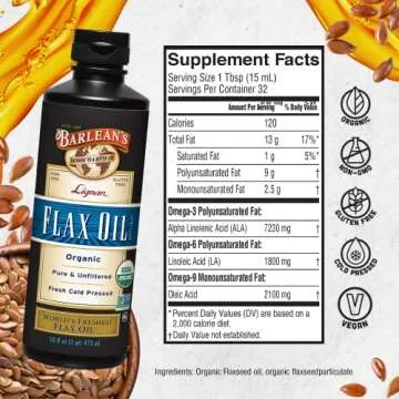 Barlean's Organic Lignan Flaxseed Oil Liquid Supplement from Cold Pressed Flax Seeds - 7,230 mg ALA Omega-3 Fatty Acids for Heart Health, Vegan and Gluten Free, 16 oz