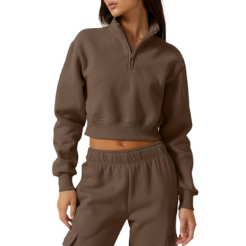 QINSEN Women's Fleece-Lined Cropped Pullover - Soft, High Neck, Half Zip for Winter