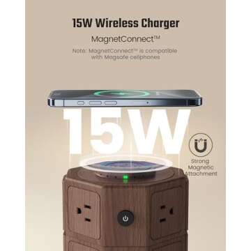 Power Strip Tower with 15W Wireless Charger, SUPERDANNY 1050J Surge Protector Tower 13A Charging Sta...