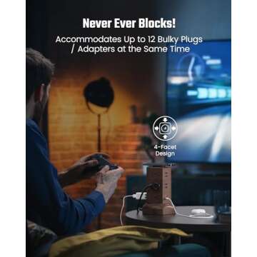 Power Strip Tower with 15W Wireless Charger, SUPERDANNY 1050J Surge Protector Tower 13A Charging Station with 12 AC Outlets & 6 USB Ports (2 USB C), 6.5ft Extension Cord for Home Office, Wood Grain