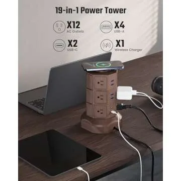 Power Strip Tower with 15W Wireless Charger and Surge Protection