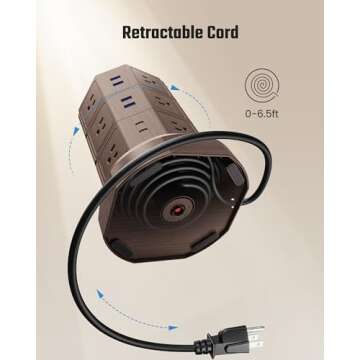 Power Strip Tower with 15W Wireless Charger, SUPERDANNY 1050J Surge Protector Tower 13A Charging Station with 12 AC Outlets & 6 USB Ports (2 USB C), 6.5ft Extension Cord for Home Office, Wood Grain