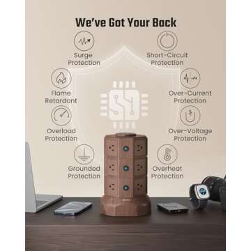 Power Strip Tower with 15W Wireless Charger, SUPERDANNY 1050J Surge Protector Tower 13A Charging Station with 12 AC Outlets & 6 USB Ports (2 USB C), 6.5ft Extension Cord for Home Office, Wood Grain