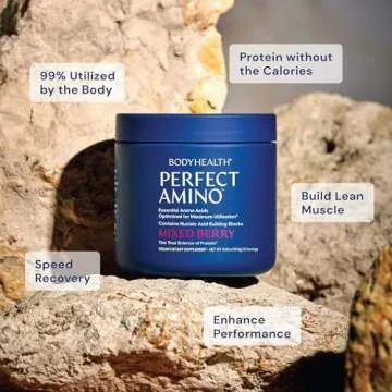 BodyHealth PerfectAmino Powder - BCAA and EAA Powder for Pre and Post Workout - Amino Acid Energy Drink for Men and Women to Support Lean Muscle and Recovery - Mixed Berry - 30 Servings