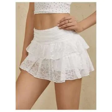 MakeMeChic Women's Y2K Lace Mini Skirt with Shorts Layered Aline Pleated Skirt Skort White Large