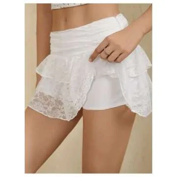 MakeMeChic Women's Y2K Lace Mini Skirt with Shorts Layered Aline Pleated Skirt Skort White Large