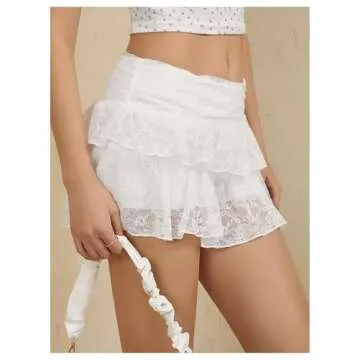 MakeMeChic Women's Y2K Lace Mini Skirt with Shorts Layered Aline Pleated Skirt Skort White Large