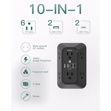 Addtam Surge Protector Outlet Extender for Home Office, 6-Outlet Splitter with 4 USB and 1800J Surge...