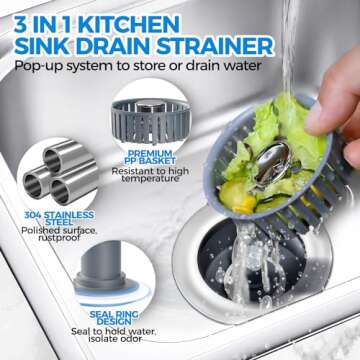 Upgraded 3in1 Kitchen Sink Drain Strainer & Sink Stopper, Stainless Steel Kitchen Drain Plug & Cover...